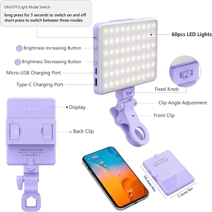 Selfie Light, Phone Light with Front & Back Clip, 60 LED Portable Light with 3 Modes, 5000mAh Rechargeable Video Light for Phone, iPhone, IPad, Laptop, TikTok, Makeup, Live Stream, Vlog(Purple)