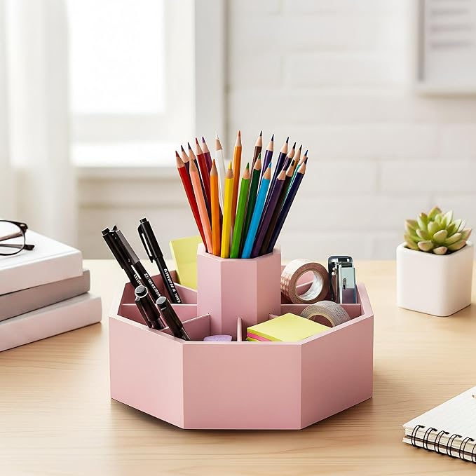 360° Rotating Pencil Holder for Desk Bamboo Rotating Marker Pen Desk Organizer Art Supply Gifts or Desktop Storage Caddy, Crayon, Marker, Pencil(Light Pink)