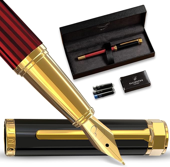 Ellington Pens Luxury Fountain Pen Set - Smooth Medium Nib - Includes 3 Ink Cartridges, Refillable Ink Converter, Gift Box-Fountain Pens For Writing, Calligraphy, Journaling, Sketching (Crimson Blend)