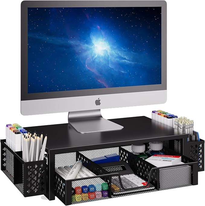 Simple Trending 2-Tier Desk Organizer, Computer Monitor Stand Riser, Black | Metal Laptop & Printer Stand, Desktop Organizer with Drawer & 2 Pen Holders, Anti Slip Pads, 18.5"W x 9.5"D x 4.75"H