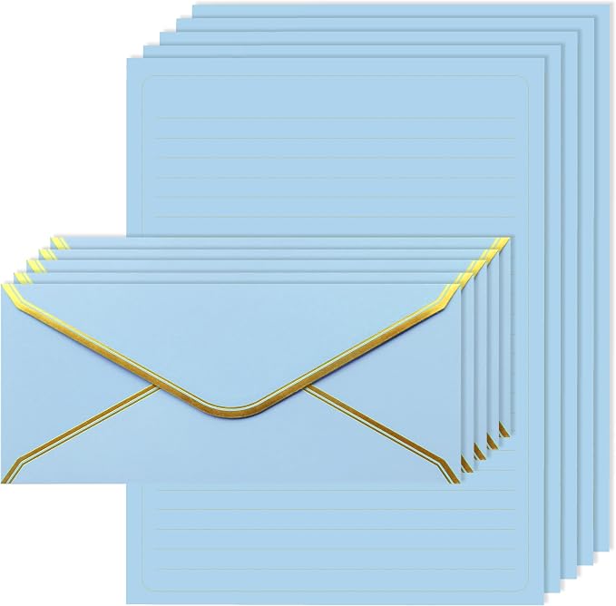 J6&H6 Gold Thread Stationary Paper and Envelopes Set Including 12 Standard Sized Phnom Penh Envelopes and 24 Sheets of Lined Paper Suitable for Daily Emotional Expression Formal (Lake Blue)