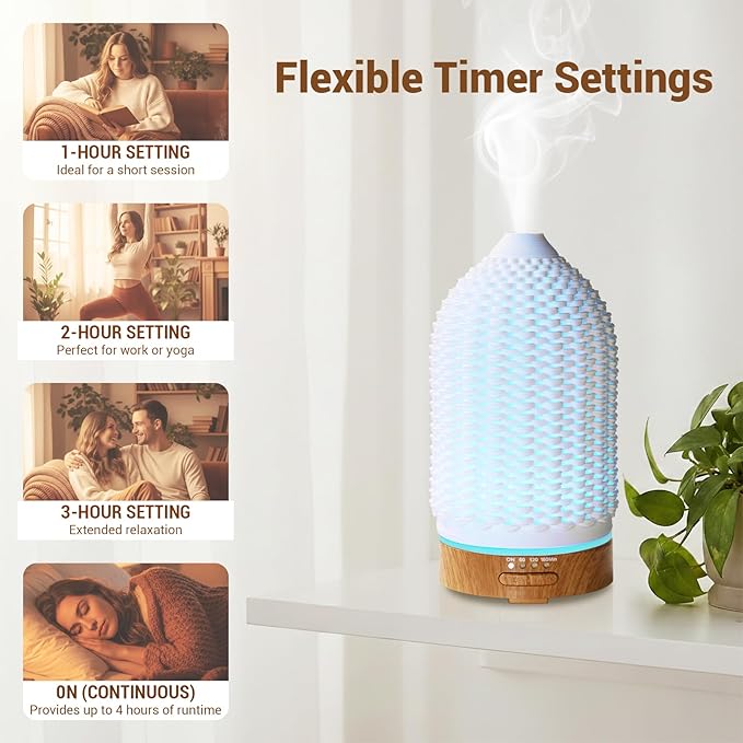 Ultrasonic Essential Oil Diffuser 100ML 3D Printing Ceramic - Cool Mist Humidifier, 7-Color LED Lights, 3 Timer & Auto Shut-Off, Ideal Gift for Home Bedroom Office (White)