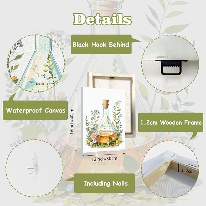 CHDITB Botanical Science Canvas Wall Art, Watercolor Floral Laboratory Prints, Chemistry Wall Decor, Boho Wildflower Lab Poster, Nature Aesthetic Artwork For Classroom School Office Decor 12"X16"X6