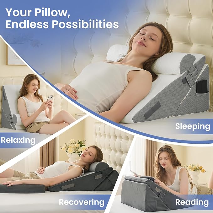 Sasttie Adjustable Wedge Pillow Set for After Surgery, White | 2PCS Bed Wedge Pillow Headboard with Memory Foam Neck Cushion, for Acid Reflux, Sleeping, Neck & Back Support