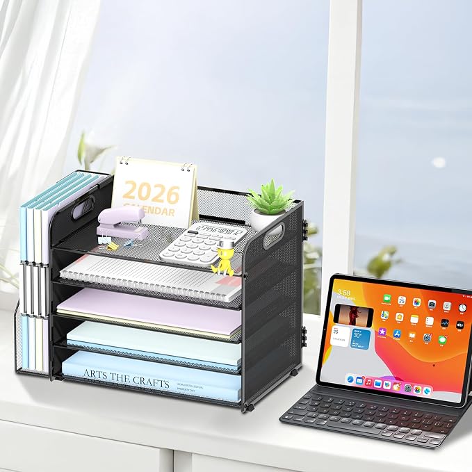5-Tier Desk Organizer with File Holder, Paper Organizer for Desk, Black | 5 Letter Trays and Vertical File Holder with Metal Mesh Frame for Papers Folders Books and Mail in Office Home or School