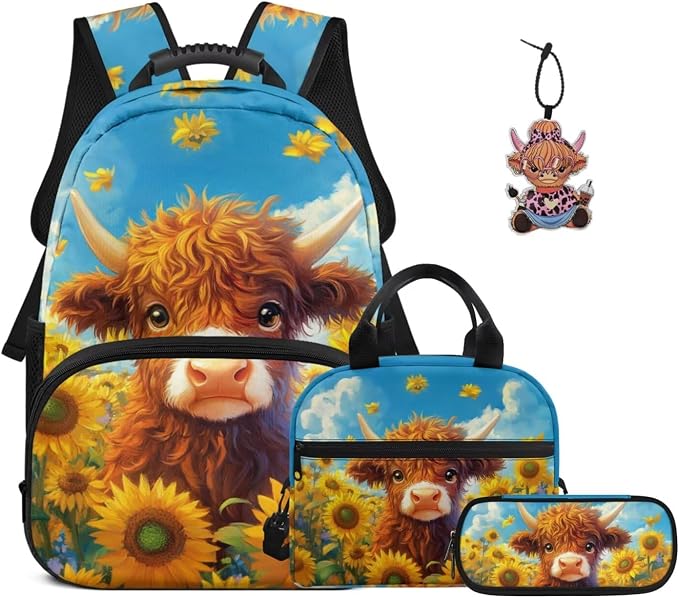 ZFRXIGN Highland Cow Kids Backpack for Boys Bookbag with Pendant 17inch Elementary School Girls Bag and Insulated Lunch Box Portable Pencil Case Blue Sunflower