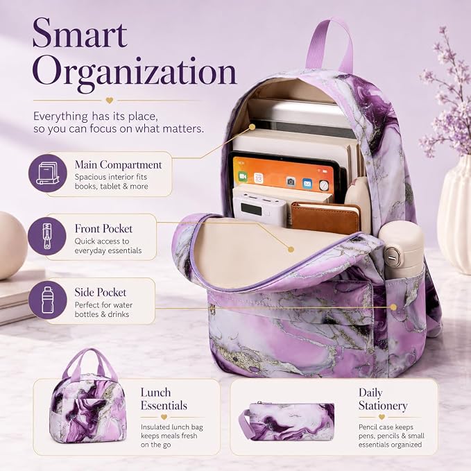 Bluboon Teen Girls School Backpack Kids Bookbag Set with Lunch Box Pencil Case Travel Laptop Backpack Casual Daypacks (Purple Marble)