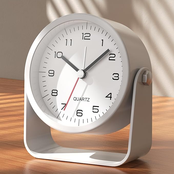 AYRELY® 3.5" Small Analog Travel Alarm Clock, Battery Operated Desk Clock | Cute Table Clock with Light, Adjustable Angle, Bedside, Bedrooms, Kids' Rooms and Living Room Decor (White)