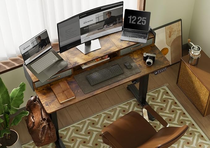 Claiks Standing Desk with Drawers & Wheels, 2 Height Shelf 59" Rustic Brown | 2 height adjust shelf, tabletop drawers, felt fence design, sturdy supports 176 lbs, 4 wheels, 2 tire monitor stand