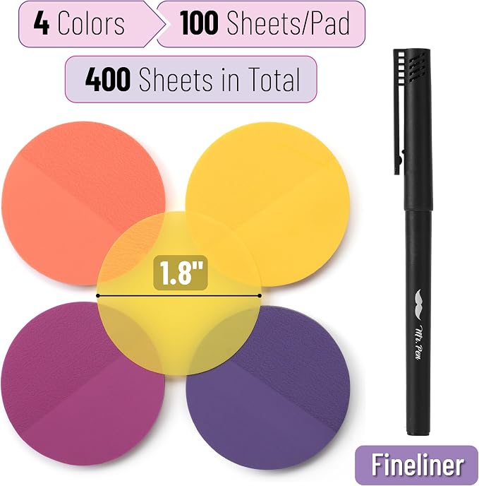 Mr. Pen- Round Transparent Sticky Notes, 1.8”, 8 Pads with Black Fineliner | 400 Sheets, Smooth Writing, Water-Resistant, Clean Removal, Easy-Peel Sticky Notes for Bible Journaling & Planning, Sunset