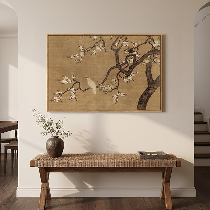 Framed Vintage Asian Wall Art, Neutral Chinoiserie Plum Blossom Branch Floral Bird Canvas Prints Painting, Zen Japandi Oriental Picture for Living Room Bedroom Kitchen Wall Decor, 24x36 Inch