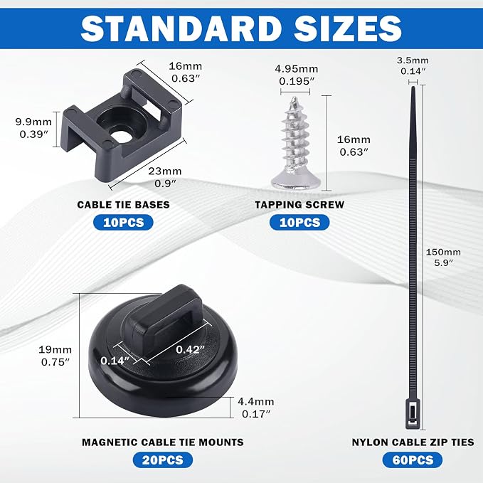 20 PCS Magnetic Zip Tie Mounts Base Neodymium Magnets & 60 Pcs Releasable Cable Zip Ties & 20 Pcs Zip Tie Saddle Type Mounts, Magnetic Cable Zip Tie Holders Base for Cable Wire(100 Pcs)