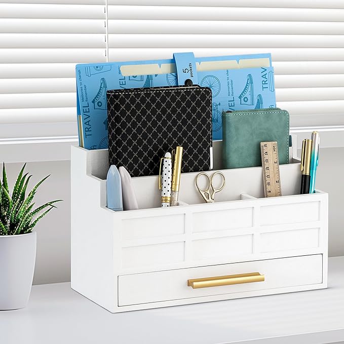 dreampossible white Wood Desk Organizer and Accessories with Drawer, Bill Mail Organizer and File Mail Holder for Office Supplies, Rustic Desk Accessories & Workspace Organizers for Desk Organization