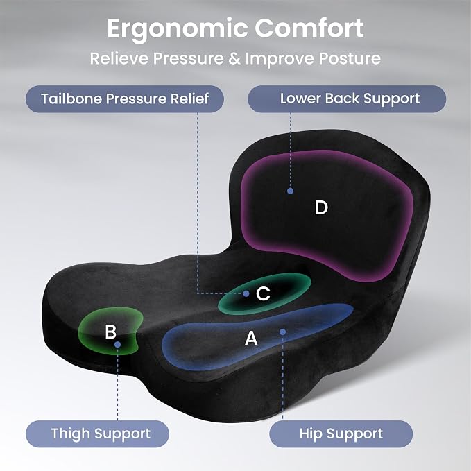 Alcedo Ergonomic Memory Foam Seat Cushion for Office Chair & Car Seat – Firm Back Support for Tailbone & Sciatica Pressure Relief, Non-Slip, Breathable & Washable Cover
