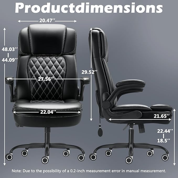 450LBS Big and Tall Executive Office Chair with Flip up Arm, Heavy Duty PU Leather Computer Desk Chair,Comfortable High Back Swivel Home Office Chair with Rolling for Adults,Spring Cushion,Metal Base