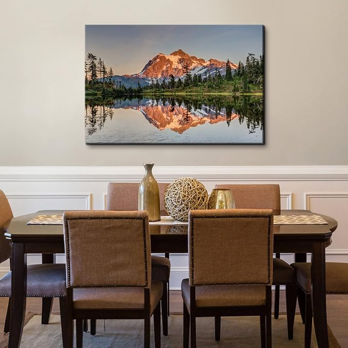 Nature Mountain Scenery Canvas Wall Art Home Decorations Mount Baker Washington Landscape Picture Wall Decor Sunset Forest River Panoramic Painting for Modern Living Room Bedroom Framed Artwork 32x48"
