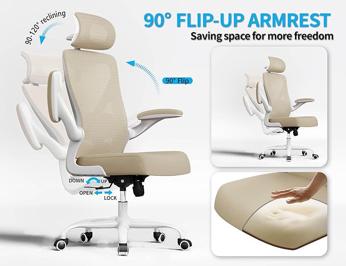 Ergonomic Office Chair: Mesh Desk Chair Comfy with Headrest& Lumbar Support | Ergalithic Big and Tall Office Chairs with Wheels & Flip-Up Arms-Computer Gaming Chairs for Adults Home Office Chairs(Beige)