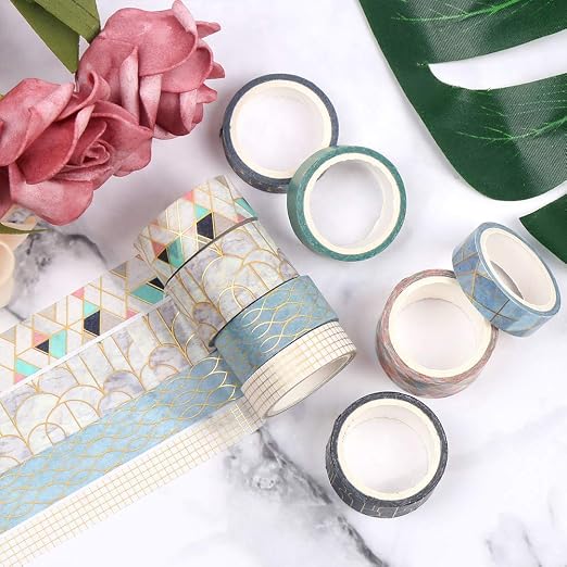 CCINEE 10 Rolls Washi Tape Set,Geometric Gold Foil Decorative Masking Tape for Bullet Journal Planner Scrapbooking Craft