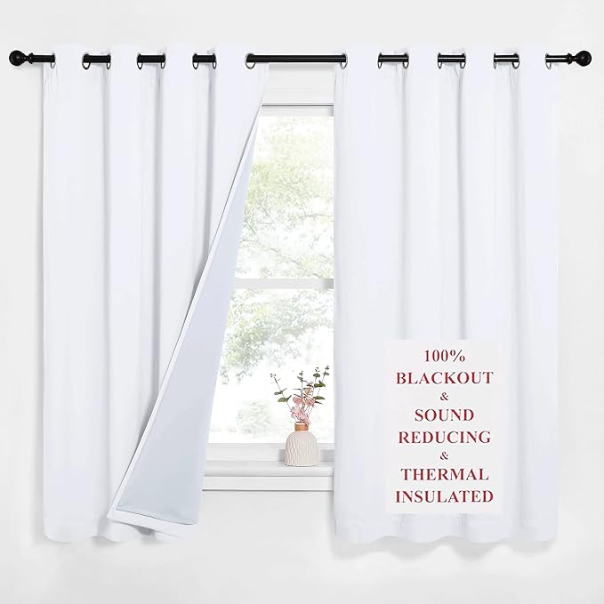 NICETOWN Sound Blocking White 100% Blackout Lined Curtains, 3 Thick Layers Completely Blackout Noise Control Window Treatment Insulated Drapes for Bedroom (2 Panels, 52 Width x 63 Length Each Panel)