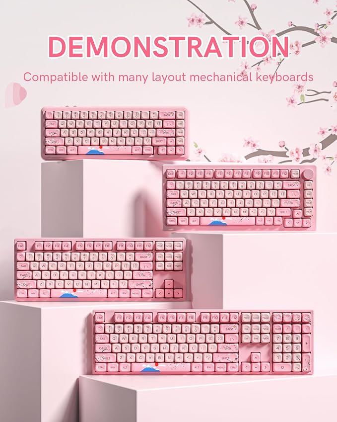 131 Cute Pink Keycaps MOA Cherry Blossom keycap Theme Japanese Keycap Set for Mechanical Keyboard for 61/68/84/87/98/99/100/104/108 Keys,Pink(Only Keycap Set)