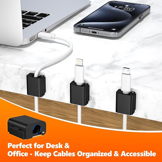 AGVEE 6 Pack Cord Organizer Clips Cable Management Holder, Aluminum | 10mm Ultra-Thin, 6X Powerful Magnetic Closure Snap Keeper for Home Desk Office Gadgets Accessories, Residue-Free Tape