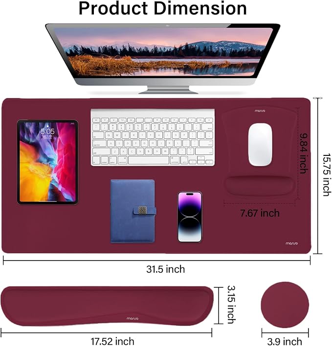 MOSISO Keyboard Mouse Pad Set, Large Gaming Mousepad&Keyboard Wrist Rest&Mouse Wrist Rest&Coaster, Ergonomic Non-Slip Mousepad&Easy Typing Cushion with Memory Foam for Home Office, Wine Red
