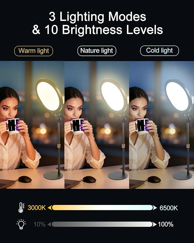 10'' Full Screen LED Ring Light with Adjustable Desk Stand, 3 Color Dimmable Video Conference Light for Zoom Meetings, Online Calls, Live Streaming, YouTube, TikTok, USB Powered with Phone Holder