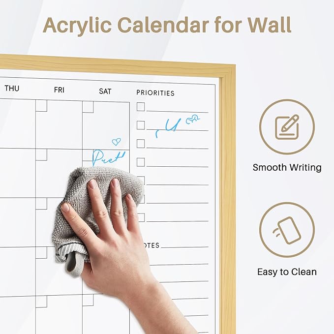Large Acrylic Calendar for Wall, 24" X 18" Wood Grains Frame Clear Acrylic Wall Calendar, Clear Wet & Dry Erase Board Hanging Monthly Planner for Office, Home or School