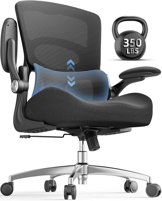 Ergonomic Office Chair - Adjustable Lumbar Support | 350lbs Big & Tall Heavy Duty Mesh Comfy Chair with Flip-Up Arms Gaming Chairs for Adult Home and Business