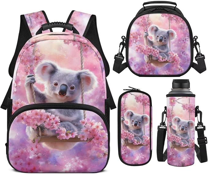 Cute Koala Backpack for Elementary School Girls, Cherry Blossoms 17 Inch School Bag with Insulated Lunch Bag,Cute Bookbag 4 PCS Set for Kids Ages 6-8 Back to School