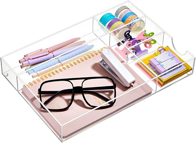 Briwooody Clear Acrylic Drawer Organizer,5 Compartments,Large | 12.2 x 8.27 x 1.77 Inch Desk Storage Tray Organizer for Pen, Stationery, Desktop, Office, Bathroom, Kitchen, Makeup Supplies