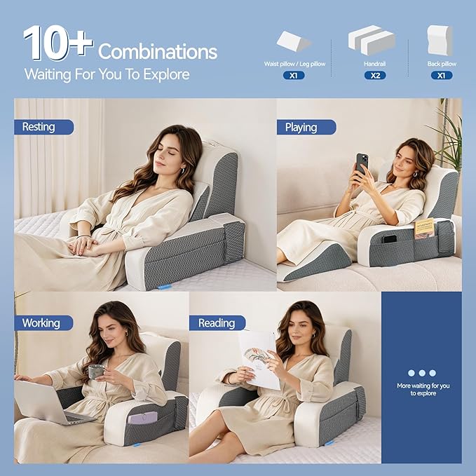 Kayfia Reading Pillow, Gel Memory Foam Back Rest Pillow, 19", White | 3 Storage Pockets, Dual-Use Back Leg Support Pillow, Detachable Armrests, Ideal for Reading, Gaming, Working on Bed & Couch
