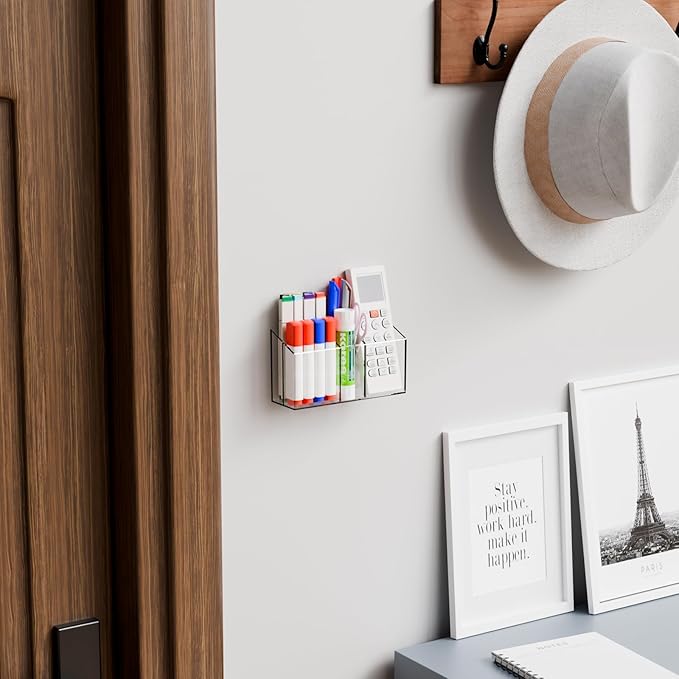 Yieach Magnetic Dry Erase Marker Holder for Whiteboard,Expo,Refrigerator and Fridge,Non Slip Magnet Pencil Holder,Wall Mounted Acrlic Pen Holder with Adhesive,Classroom and Locker Magnetic Organizer