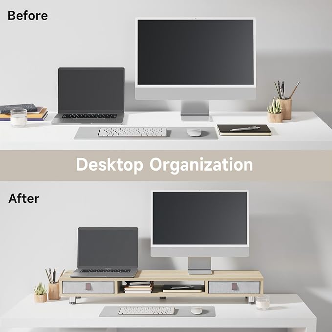 Fenge Dual Monitor Stand, 2-Tier Desk Organizer with Drawers, 42.5in, Oak | Storage Fabric Drawer, Ergonomic Height Adjustable, Desk Shelf for Top of Desk, Laptop, PC, TV, Home Office Organization