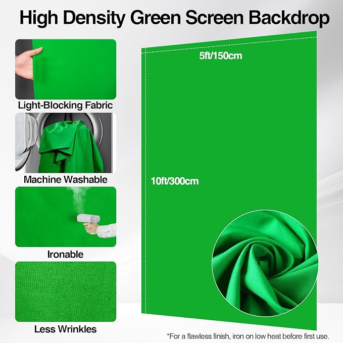 5x10ft Green Screen Backdrop Kit with Stand, Portable Greenscreen Background Includes Foldable T-Stand, 6 Clips and Carry Bag for Streaming, Gaming, Meeting, Video Production, Photography