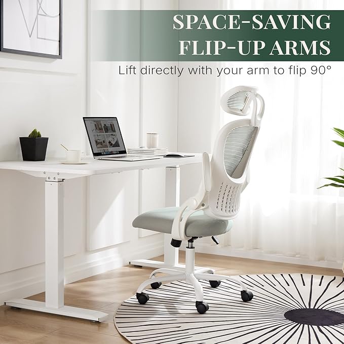 Ergonomic Light Weight Office Chair, Comfy Desk Chair with Wheels, Work Chair with Adjustable Headrests, Flip-Up Armrests, Breathable Mesh Back, Small Computer Chair for Home Computer, Grey