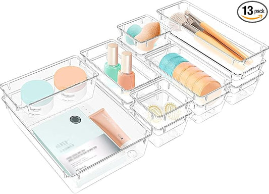 StorMiracle 13 PCS Clear Plastic Drawer Organizers Set, 4 Size Desk Drawer Organizer Trays for Makeup, Jewelry, Kitchen Utensils, Gadgets and Office Accessories