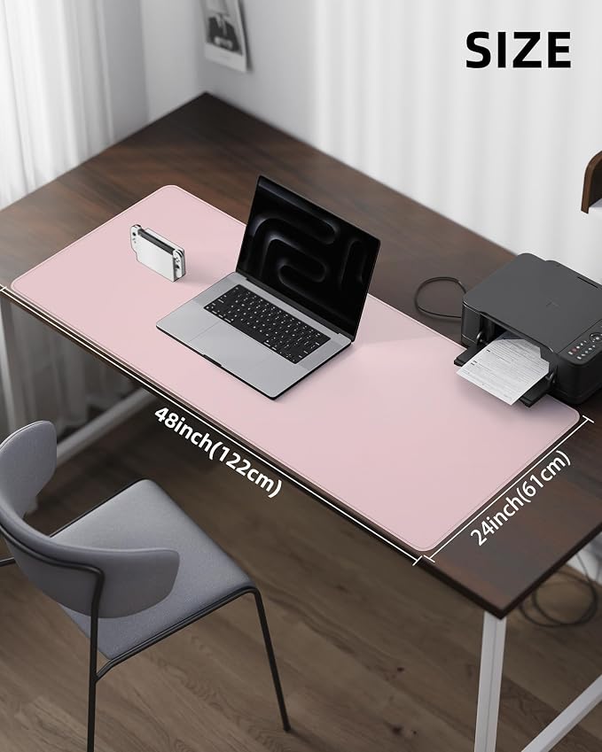 Leather Desk Pad Protector - 48 x 24 Computer Mat, Large Mouse Pad, Non-Slip, Waterproof PU Leather Blotter, Desk Cover for Office and Home (Light Pink)
