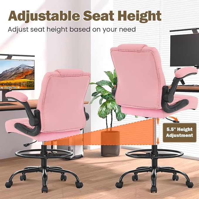 Ergonomic Drafting Chair,Tall Office Chair for Standing Desk with Flip-Up Armrests,Adjustable Foot Ring & Height, High Leather Executive Office Chair for Home,Drawing or Counter Height Use