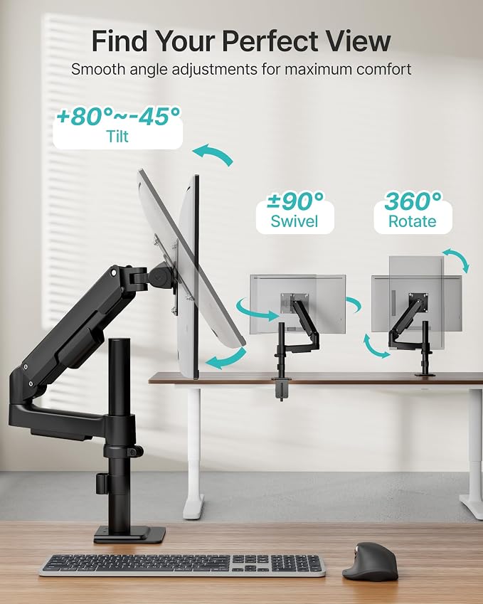 Single Monitor Arm for 17-32 Inch Screens, Holds up to19.8 lbs | Desk Monitor Mount with Clamp and Grommet Base,Gas Spring Monitor Stand,Full Motion Monitor Arms for Home Office