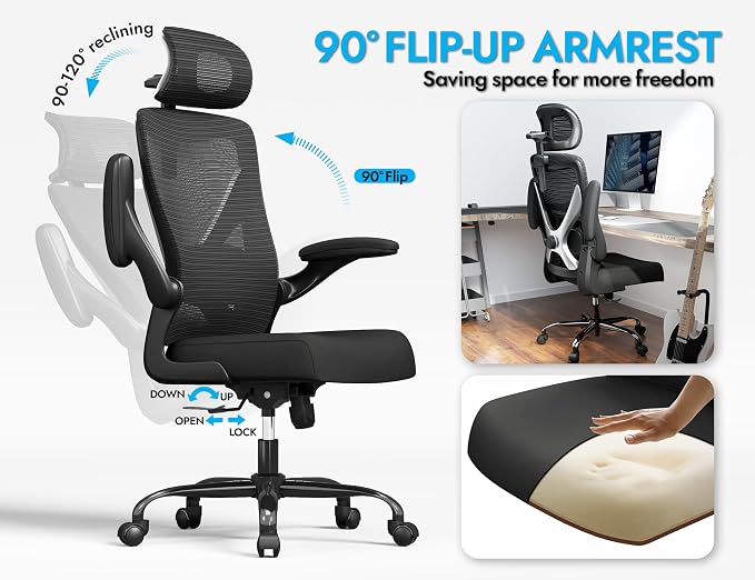 Ergonomic Office Chair: Mesh Desk Chair Comfy with Headrest& Lumbar Support | Ergalithic Big and Tall Office Chairs with Wheels & Flip-Up Arms-Computer Gaming Chairs for Adults (Black-Pack of 3)