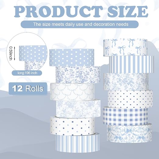 12 Rolls Watercolor Floral Washi Tape Set 15 mm Vintage Flower Decorative Masking Tape for Summer School Arts DIY Craft Scrapbook Journal Supplies Gifts(Blue and White,Floral)