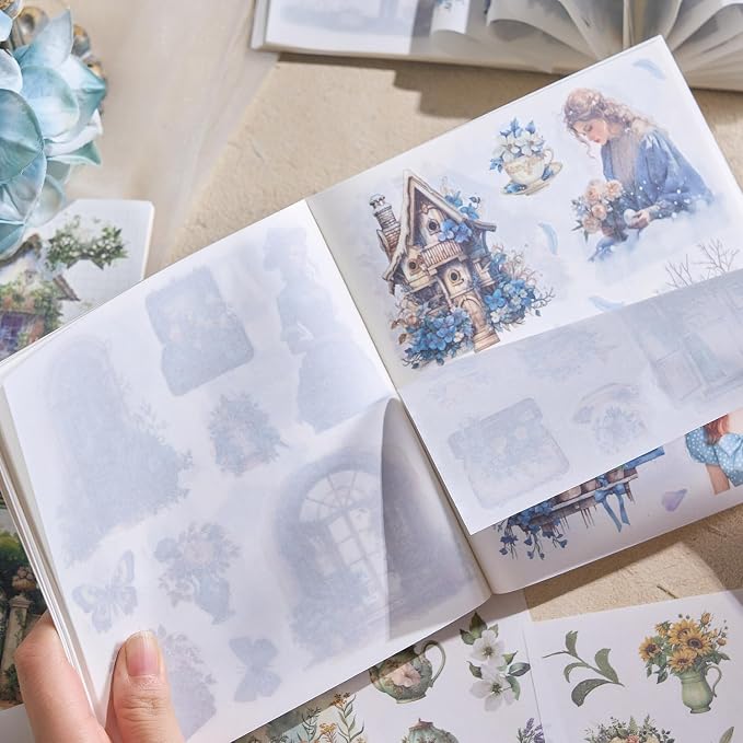 YagCu Garden Junk Journal Stickers, 50 Sheets Washi Journaling Sticker Book, Scrapbook Supplies, Watercolor Scrapbooking for Adults, Blue Decorative Ephemera Arts Craft