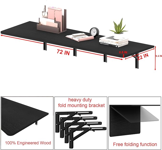 IAE 72" x 22" Floating Foldable Desk,Wall-Mounted Folding Computer Table with Engineered Wood,Study Table with Shelf Brackets,Fold Down Shelf,Fold Computer Desk for Small Apartment,Holds 500 lb,Black