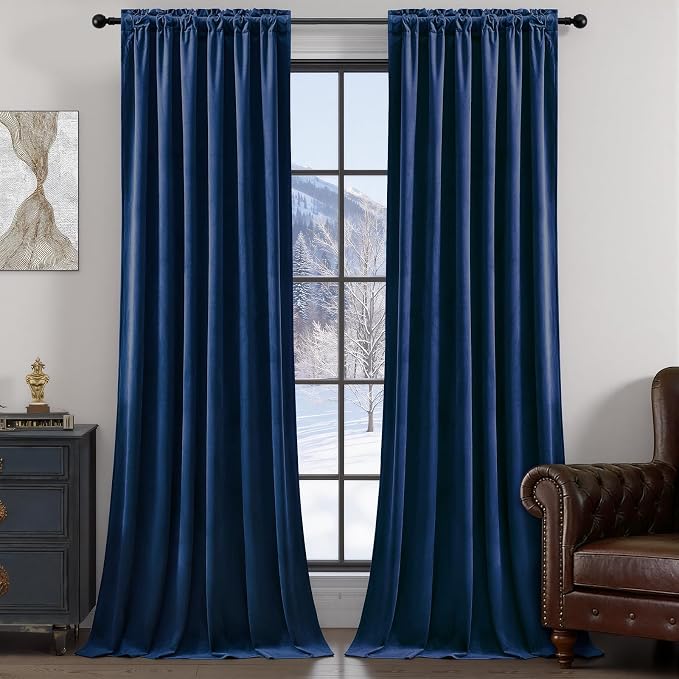 AUSSPVOCT Extra Long Navy Blue Velvet Blackout Curtains 102 Inches, Noise Reducing Room Darkening Super Soft Luxury Thermal Insulated Drapes for Bedroom & Living Room, Back Tab & Rod Pocket, 2 Panels