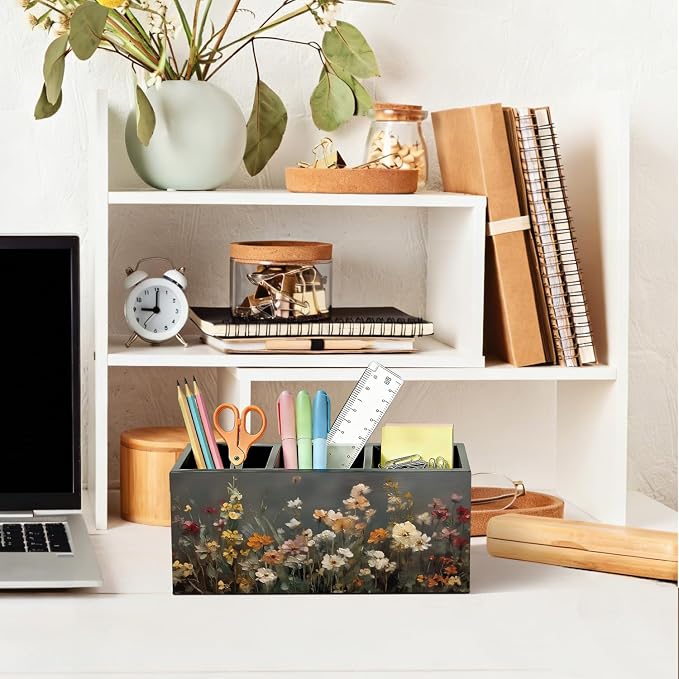 Vintage Floral Pen Pencil Holder for Desk, Moody Cottagecore Botanical Flower Wooden Box Sign Organizer for Home Room Office Bedroom Desk Accessories Tabletop Decorations