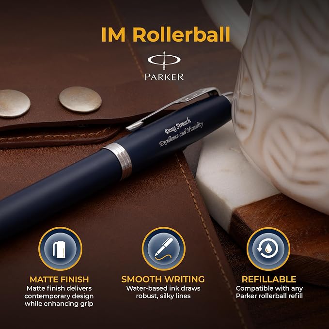 Parker IM Rollerball Pen, Matte Blue with Chrome Trim, Personalized Laser Engraving, Black Ink, Official Parker Gift Box, Graduation and Retirement Gift