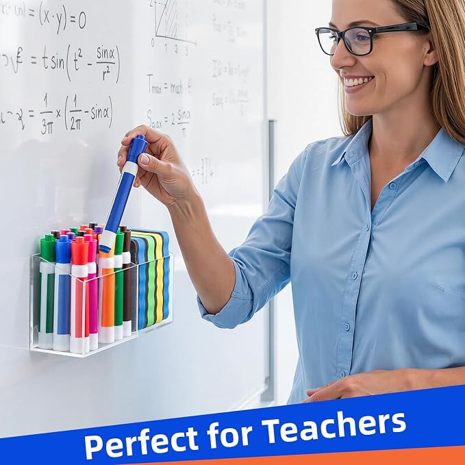 Simetufy Large Magnetic Dry Erase Marker Holder, Magnetic Pen Holder, Whiteboard Marker Holder with Movable Divider for Glass, Fridge & Locker, Non-slip Acrylic Magnetic Marker Holder