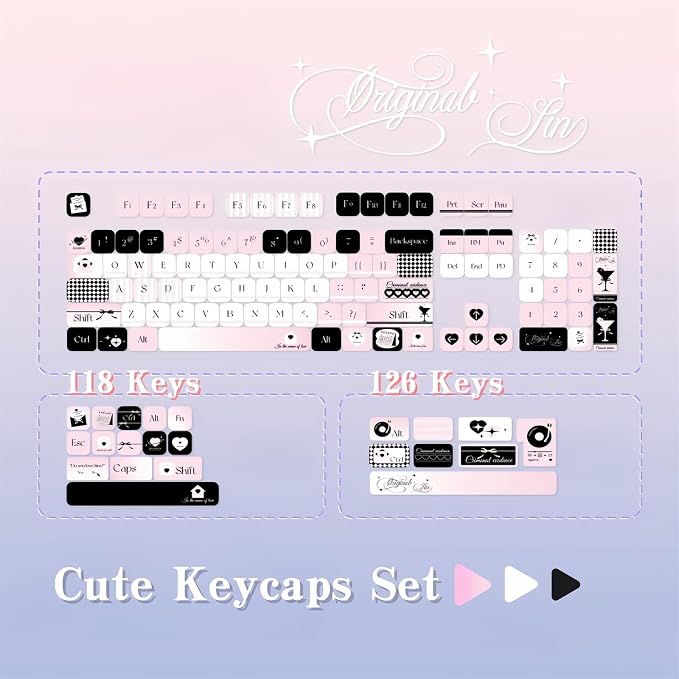 Pink and Black Keycaps,MOA Profile Cute Keycaps PBT Dye-Sub Kawaii Custom Full Size Keycap Set for Cherry MX Switch ANSI Layout 75% 60% Mechanical Gaming Keyboard DIY Creamy Key Cap (126Keys)