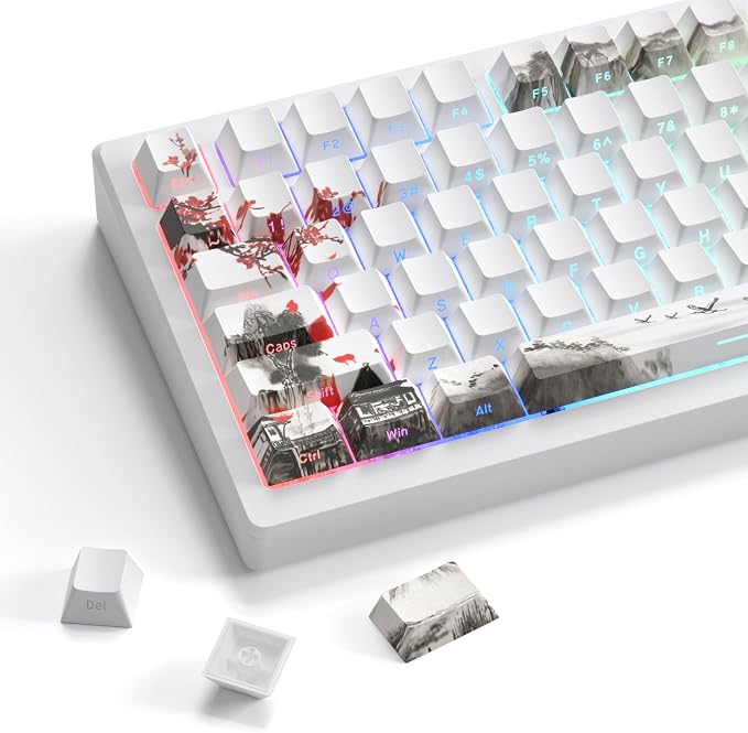 Womier PBT Keycaps Set 130 Keys, Custom White Japanese Keyboard Doubleshot Dye Sub Side Print Shine Through Keycaps 60 65 75 100 Percent, Cherry Profile, Cherry Blossom